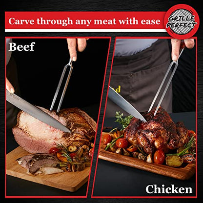 Meat Carving Knife Set with Fork, Kitchen Tool for Turkey, Ham, Pork, Full Tang Stainless Steel, Hardwood Handle and Gift Storage Box