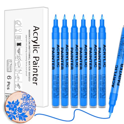 Blue Acrylic Paint Pens 6 Pcs Permanent Marker Pens Extra Fine - color: Blue