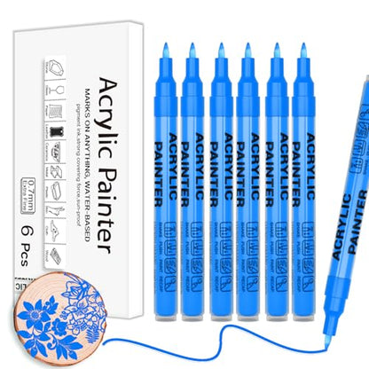 Blue Acrylic Paint Pens 6 Pcs Permanent Marker Pens Extra Fine - color: Blue