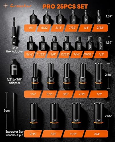 Crosstar 25Pcs Bolt Extractor Kit,3/8" Drive Screw & Nut Remover Set
