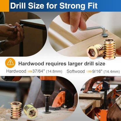 12PCS 3/8"-16 x 25mm Threaded Inserts for Wood, Hex Drive Nuts - size: 3/8"-16 x 25mm