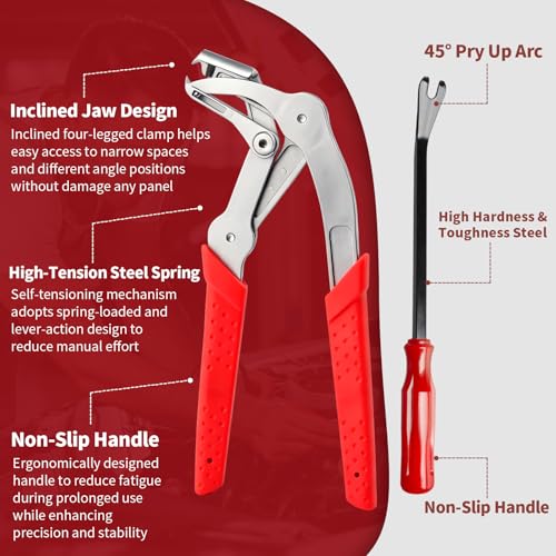 Car Clip Pliers, Auto Fastener Clip Removal Pliers, Panel Clip Removal Tool with 2Pcs Stainless Steel Fastener Remover for Removing Automotive Plastic Clips Trim Bumpers - color: Red