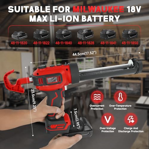 Cordless Caulking Gun for Milwaukee M18B2 Battery, Electric Caulk Adhesive Gun with 450lm LED Light,Stepless Speed,280KG Thrust Drip-free Caulk Gun,10oz/300ml Caulking Tool for Sealing(Tool Only)