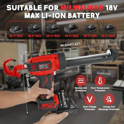 Cordless Caulking Gun for Milwaukee M18B2 Battery, Electric Caulk Adhesive Gun with 450lm LED Light,Stepless Speed,280KG Thrust Drip-free Caulk Gun,10oz/300ml Caulking Tool for Sealing(Tool Only)