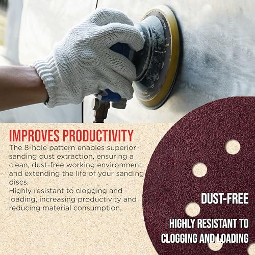 ProductionShop 5" Red 8-Hole Pattern Sanding Discs, 100 Disc Variety Pack, Grits 40, 60, 80, 100, 150, 180, 220, 320, 400, 600, 800 - Hook & Loop Sandpaper for Random Orbital Sanders - Woodworking - style: Variety Pack 100