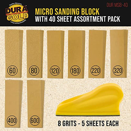 Dura-Gold Micro Hand Sanding Block Kit, 3.5” x 1” Pad, Hook & Loop Backing