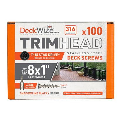 DeckWise #8x1 Black 316 SS Trim-Head Deck Screws, 50 Sq Ft (100pk) - size: 1.0"