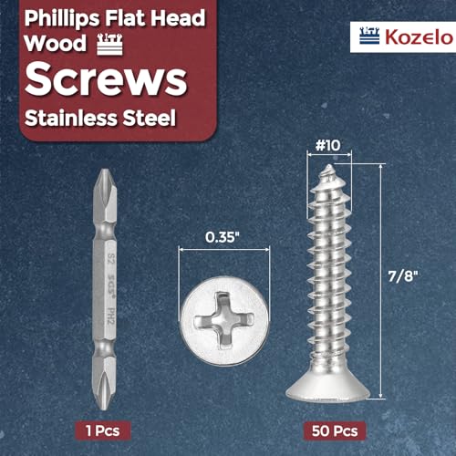 51pcs Phillips Wood Screws W/Screwdriver Bit #10x7/8 304 SS Silver - color: Silver, size: #10x7/8"