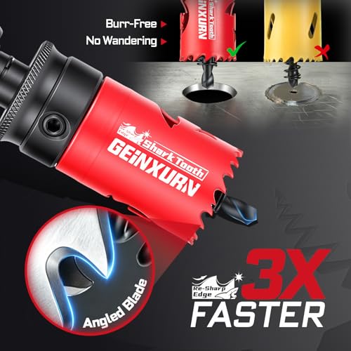 GEINXURN 9PCS Hole Saw Kit, HSS Bi-Metal 7/8” to 2-1/2” (22mm-64mm) Hole Saw Set in Case with Mandrels and Hex Wrench, Hole Cutter with Shark Tooth for Wood,Drywall, PVC Boards and Thin Metal - color: 9PCS 7/8“-2-1/2” Hole Saw Set with Mandrel