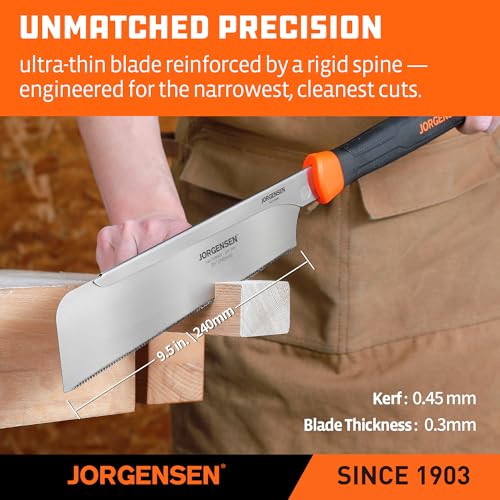 JORGENSEN Japanese Pull Saw, 9.5 Inch Pro Dovetail Saw with Rubber Handle, SK5 Steel Handsaw with Tool-less Quick Change Blade, 21TPI Fine Cross Cut Rip Cut Angle Cut Woodworking Tools