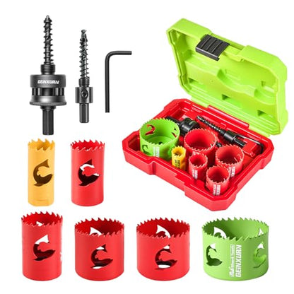 GEINXURN 9PCS Hole Saw Kit, HSS Bi-Metal 7/8” to 2-1/2” (22mm-64mm) Hole Saw Set in Case with Mandrels and Hex Wrench, Hole Cutter with Shark Tooth for Wood,Drywall, PVC Boards and Thin Metal - color: 9PCS 7/8“-2-1/2” Hole Saw Set with Mandrel