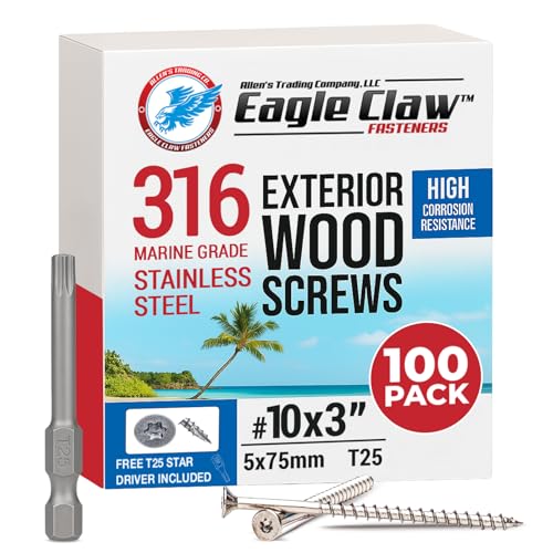 Allen's Trading Co. #10 x 3 Inch 316 Stainless Steel Screws Marine Grade (100 Pack, T25 Star) | Stainless Steel Wood Screws w/Driver Bit | High Corrosion Resistance for Coastal Construction - size: 10 x 3 Inch