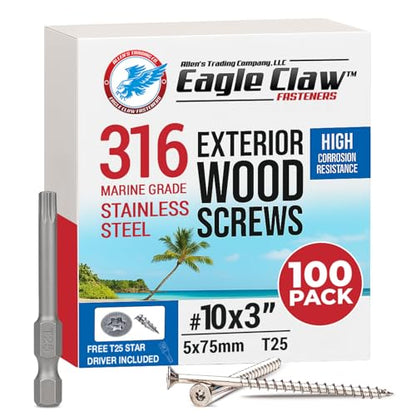 Allen's Trading Co. #10 x 3 Inch 316 Stainless Steel Screws Marine Grade (100 Pack, T25 Star) | Stainless Steel Wood Screws w/Driver Bit | High Corrosion Resistance for Coastal Construction - size: 10 x 3 Inch