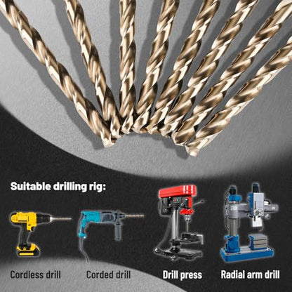 CaRoller 1/4 Inch Cobalt Drill Bit Sets,10 Pack 135 Degree Tip of M35 Length Twist Drill Bits with Storage Case for Hard Metal, Stainless Steel, Cast Iron, Wood and Plastic (1/4"-10pcs-M35) - size: 1/4"-10pcs-Cobalt