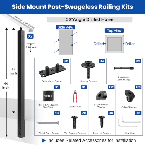 BLIKA 4FT-12FT Complete Set 36" Side Mount Stair Cable Railing Post - color: Side Mount Stair Kit (4–12FT, 150FT Cable)
