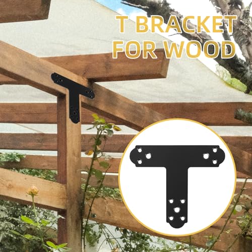 Black T Bracket, 4 pcs T Post Brackets Pergola Post to Beam Connectors 4mm Thickness for Wood, Steel Repair Fixing Mending T Plate Bracket Flat Connector with Screws - style: T Plate Bracket