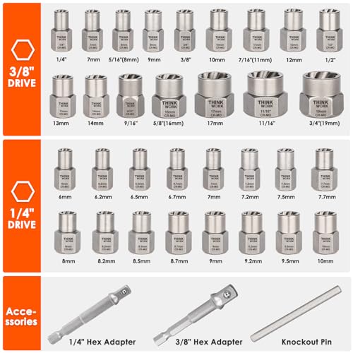35 Pcs Bolt Extractor Kit, 1/4" & 3/8" Drive Impact Bolt & Nut Remover Set - size: 35-Piece