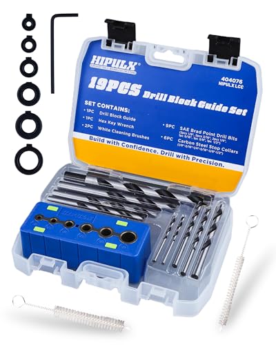Drill Block Guide Set for Straight Holes with Drill Bits & Stop Collars – Complete Kit with 9 Brad Point Bits, 6 Depth Collars, Case, Guide Blocks for Woodworker Drilling Holes & DIY Projects
