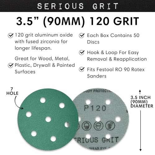 Serious Grit - 3.5" (90mm) 7-Hole P120 Grit Sanding Discs - 50 Pack Box - size: 120 Grit