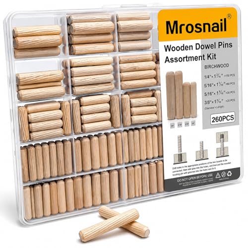 260PCS Wooden Dowel Pins Assortment, Fluted Hardwood Dowels - size: 260PCS MIX