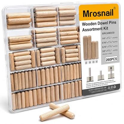 260PCS Wooden Dowel Pins Assortment, Fluted Hardwood Dowels - size: 260PCS MIX