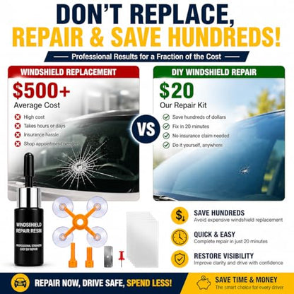 Windshield Repair Kit for quick DIY repair of small chips and cracks. Resin fills damage to improve clarity and reduce visibility. Suitable for bullseye, star, and minor damage. Easy home use