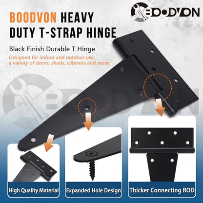 4 Inch T-Strap Gate Hinges, Shed Barn Door Hinges Heavy Duty, Black Tee Hinges for Wooden Fences, Yard Gate, Wrought Hardware Iron Rustproof (2Pack/Set) - size: 4 Inch