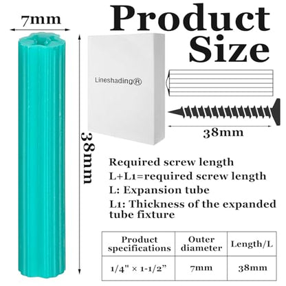 Lineshading 500pcs Expanding Plastic Screw Anchors 1/4" Hole Green Plastic Anchors for Concrete Tile Cement Bolt Expansion Tube for #10,11,12 Screws, Fix to Wall Drywall or Other Surface (1-1/2") - size: 1-1/2"