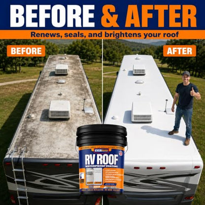 Everbond RV Roof Waterproof Sealant - Solar Reflective Weatherproof Coating for Trailers, Campers, Roof and Leak Repairs - Easy Application, Indoor & Outdoor Use - White, 4.75 Gallon Bucket - style: 4.75 gallons