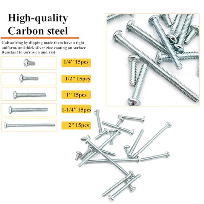 75 Pcs 5Sizes #6-32 Machine Screws Knob Screw Cabinet Screws Electricians Blots, Carbon Steel Zinc-Plated Phillips Pan Head Machine Screw Assortment Kit - size: #6-32-5Size-75P