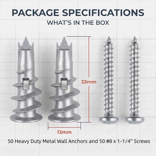 50 Zinc Self-Drilling Drywall Anchors with 50#8 x 1-1/4" Screws