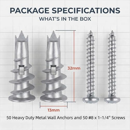 50 Zinc Self-Drilling Drywall Anchors with 50#8 x 1-1/4" Screws