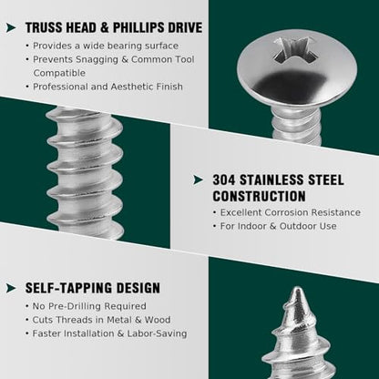 #8 x 1/2" Truss Head Wood Screw, Phillips Truss Head Self Tapping Sheet Metal Tek Screw, 18-8 Stainless Steel 304, Brgiht Finish, 100 PCS - size: #8 x 1/2"