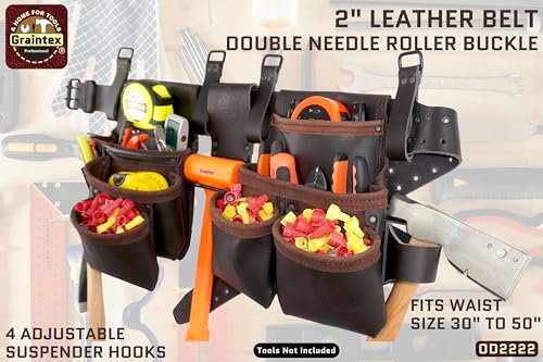 Graintex 13 Pocket Framers Tool Belt, 4 Pc Combo Industrial Grade Leather Tool Pouch, 2” Leather Belt & Hammer Holder, Bags for Drywall Tools, Electricians, Plumbers - color: Brown Oil Tanned