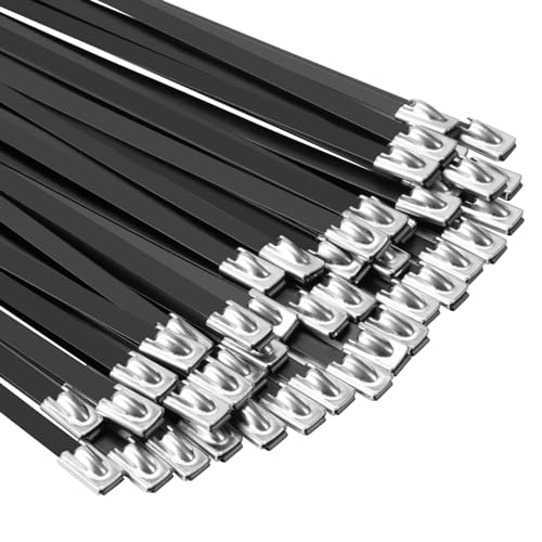 Armpow Metal Zip Ties Black 18 inch 290LB 50pcs Heavy Duty 304 Stainless Steel Epoxy Coated Locking Cable Exhaust Wrap Multi Purpose Binding for Machinery, Vehicles, Farms, Cables, Pipes,Fence - size: 18 inch
