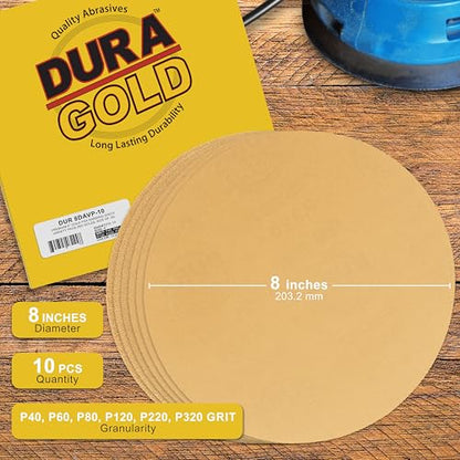 Dura-Gold 8" Gold PSA Sanding Discs, Grits 40, 80, 120, 220, 320, 2 Each - size: Variety Pack