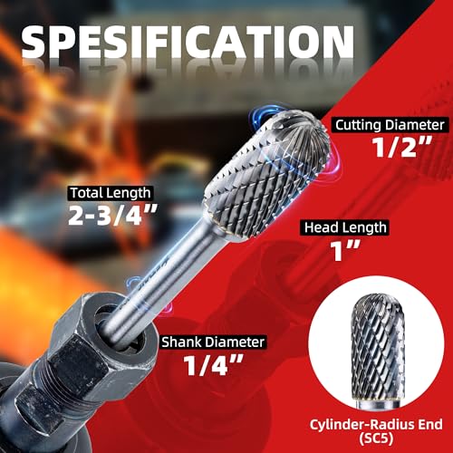 EZARC Tungsten Carbide Rotary Burr Set, 5PCS SC-5 Double Cut, 1/4" Shank - style: SC-5, 5PCS
