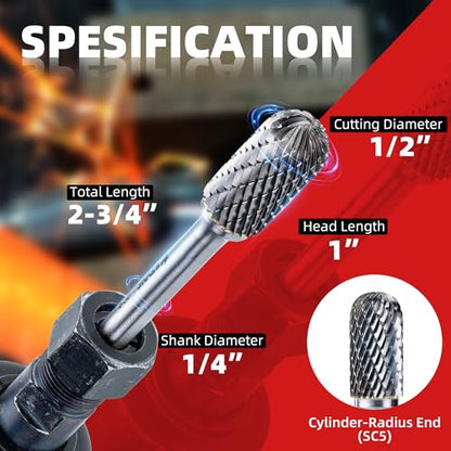 EZARC Tungsten Carbide Rotary Burr Set, 5PCS SC-5 Double Cut, 1/4" Shank - style: SC-5, 5PCS