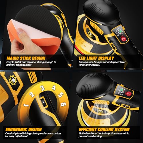 Cordless Car Buffer Polisher kit, DA Polisher with 2*21V Batteries - color: Yellow