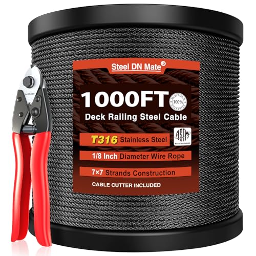 Black Stainless Steel Cable for Railing 1000FT, 1/8" T316 Wire Rope BW22 - size: 1000FT