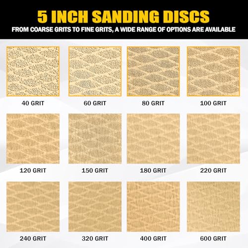 130Pcs 5 Inch 8-Hole Hook&Loop Sanding Discs, 600 Grit Diamond Yellow Sand, Dust-Free/Wear-Resistant, Latex Paper Base (No Fray), 135G Backing for Wood/Metal/Auto, DIY & Pros - style: 5inch-8Hole