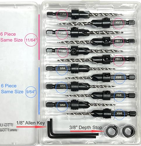 FTG USA 6 Pc #6 (9/64") 6 Pc #8 (11/64") Tapered Countersink Drill Bit Set - size: #6#8, style: Same Sort 6 Pc