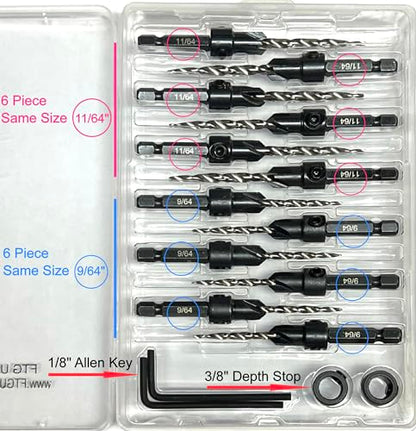 FTG USA 6 Pc #6 (9/64") 6 Pc #8 (11/64") Tapered Countersink Drill Bit Set - size: #6#8, style: Same Sort 6 Pc