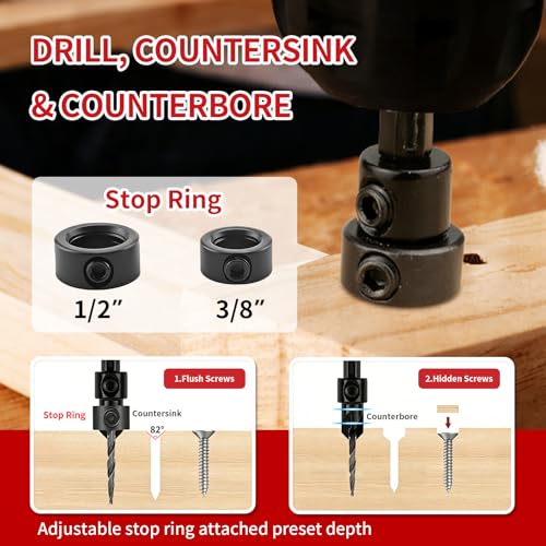 Countersink Bit Set, 18 PCS Counter Sink Drill Bit for Woodworking with 2 Wood Plug Cutters, 1/4" Hex Shank Screwdriver Bits, Depth Stop Collars,82° Counterbore with Storage Case