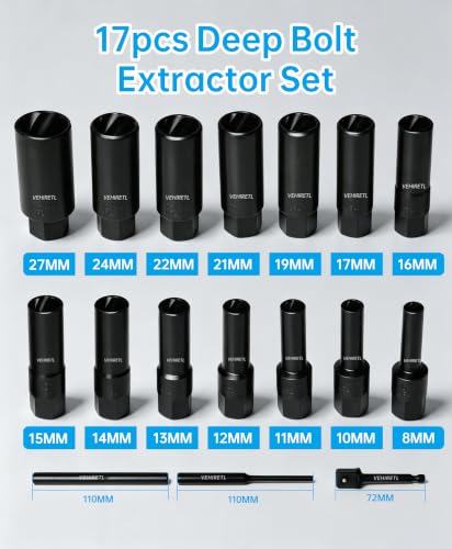 17pc Deep Bolt Extractor Set 3.35'' Extra Deep Extractor Socket - size: Deep