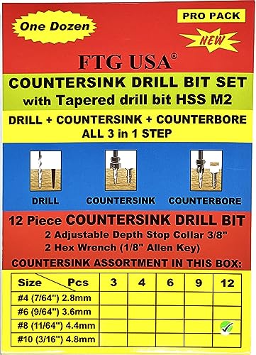 FTG USA 12 Pc #8 (11/64") Countersink Drill Bit Set with Tapered Drill Bits - size: #8, style: Same Sort 12 Pc