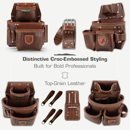 STRONGLAD Premium Embossed Top-Grain Leather, Carpenter Tool Belt - 21-Pocket Framing Tool Belt, Brown-Red Construction Gear with Stainless Steel Hardware