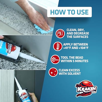 Kraken Bond Clear Silicone Sealant Waterproof% 100-10 fl oz Cartridge - RTV Silicone Caulk Kitchen and Bathroom, All Purpose, Window Caulking Sealant Outdoor Exterior Use Silicon, Gun Incl - 12 Pack - size: RTV Silicone Clear + Gun