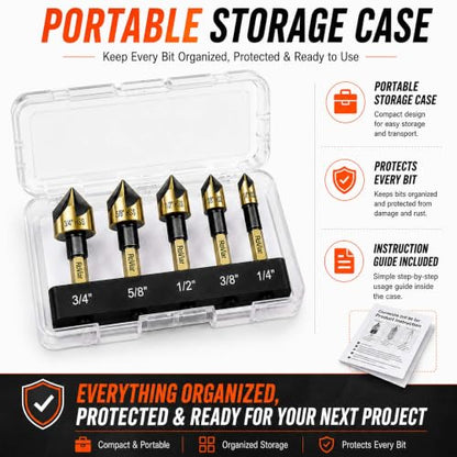 RoViar 82° Countersink Drill Bit Set, 5-Piece HSS Countersink Bits, 1/4" Quick-Change Hex Shank with Storage Case for Deburring & Chamfering on Wood, Plastic, PVC, Aluminum & Brass - color: Gold Black