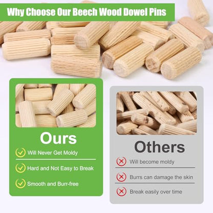 3/8" x 1" Wooden Dowel Pins, FoDau770 Fluted Wood Dowel Rods, Natural Beech Wood Dowel Pegs for Crafts, Woodworking, DIY Furniture - 200 Pieces - size: 3/8" x 1"